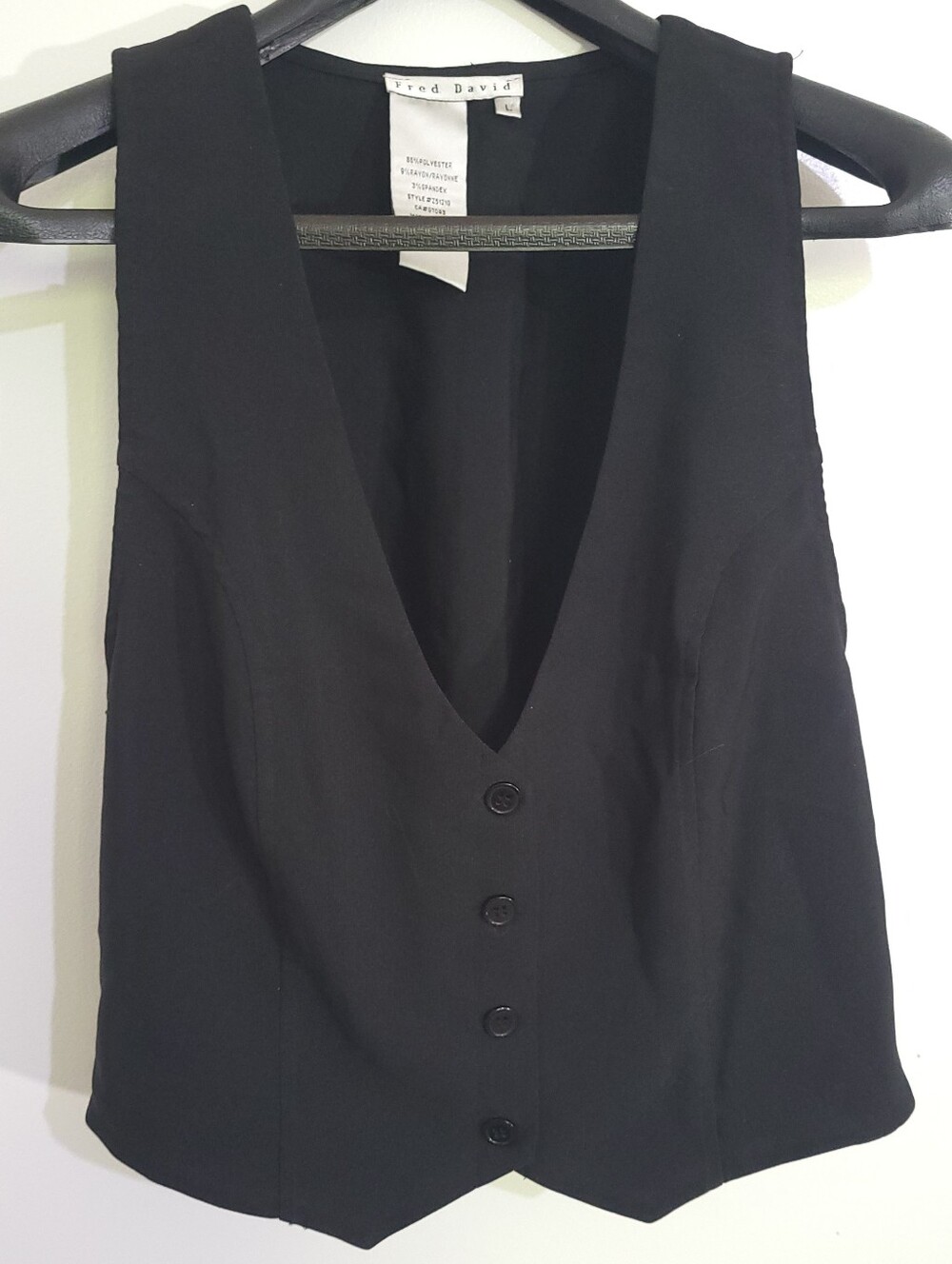 Fred David Black Deep V-Neck Tailored Button-Up Vest Waistcoat Size L Y2K